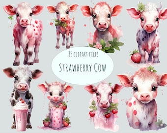 May include: Watercolor illustrations of strawberry cows in various poses. The cows are white with pink spots and accents, some holding strawberries or wearing strawberry-themed accessories. The text "15 Clipart Files" and "Strawberry Cow" is also visible.