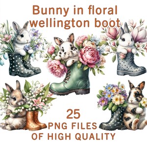 Clipart de coelho da Páscoa | 25 Botas Wellington Florais PNG, Flores da Primavera | Ilustração de coelho fofo | Impressões de berçário, Projetos de artesanato, Aniversário