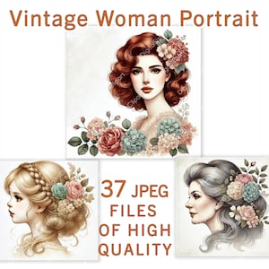 Retrato de Mulher | 37 Arquivos JPEG | Impressões Vintage em Aquarela | Pacote Digital para Uso Comercial | Impressão por Sublimação de Mulheres Elegantes com Flores