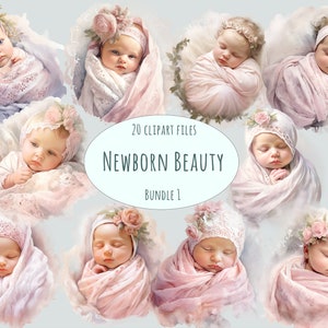 Clipart nouveau-né aquarelle 20 fichiers PNG de haute qualité clipart babyshower chambre d'enfant art mural stickers numériques fond transparent imprimables
