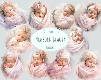 Clipart nouveau-né aquarelle 20 fichiers PNG de haute qualité clipart babyshower chambre d'enfant art mural stickers numériques fond transparent imprimables