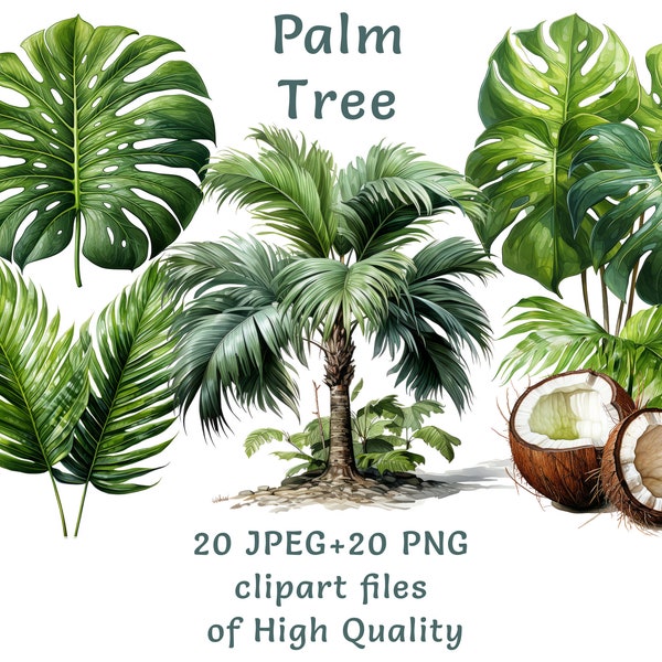 Watercolor Palm clipart, 15 high quality PNG and JPEG files, Palm tree leaf clipart, commercial use, summer vacation clipart, printables