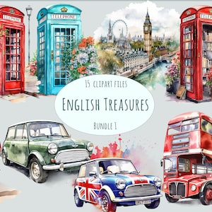 Voyage en anglais Clipart, aquarelle sur le thème du Royaume-Uni et de l'Angleterre, 15 PNG pour un usage commercial, Illustrations numériques britanniques vintage de haute qualité