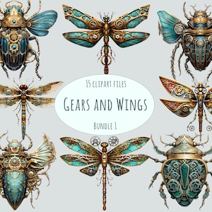 Colección de imágenes prediseñadas de insectos Steampunk: 15 PNG de acuarela únicos para uso comercial: perfectos para manualidades e imprimibles de proyectos vintage de bricolaje