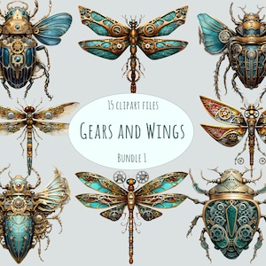 Steampunk Insects Clipart Collection: 15 Unique Watercolor PNGs for Commercial Use – Perfect for Crafts & DIY Vintage Project printables