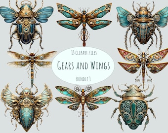 Steampunk Insects Clipart Collection: 15 Unique Watercolor PNGs for Commercial Use – Perfect for Crafts & DIY Vintage Project printables