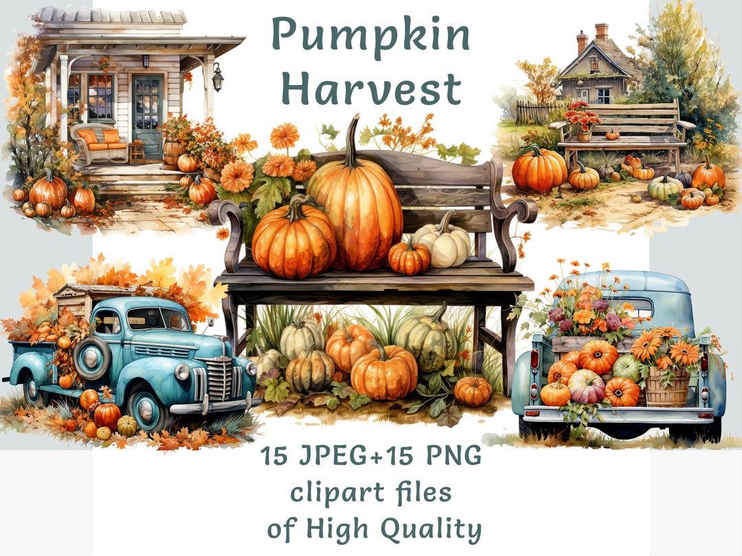 Watercolor Harvest Clipart Bundle, Commercial Use Orange Pumpkin ...