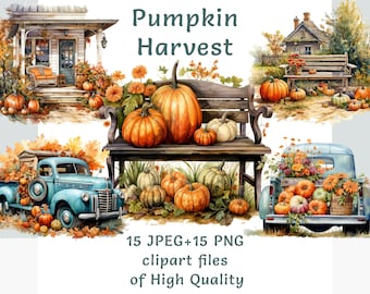 Puede incluir: Ilustración en acuarela con el tema 'Pumpkin Harvest'. La imagen muestra varias calabazas, una camioneta azul vintage y un banco, todo rodeado de follaje otoñal. El texto dice "15 JPEG + 15 PNG clipart files of High Quality."