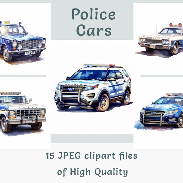 Police Cars Clipart Set - 15 Watercolor Digital JPEG Files for Commercial Use, Instant Download for Creative Projects, Emergency Response