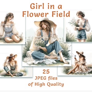 Imágenes prediseñadas de dama / Imágenes prediseñadas de campo de flores / 25 archivos JPEG / Imágenes prediseñadas de acuarela Cottagecore / Uso comercial / Impresión por sublimación / Decoración de pared