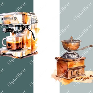 May include: A watercolour illustration of a silver espresso machine with a cup of coffee and a vintage wooden coffee grinder with a brown metal top and a crank handle.