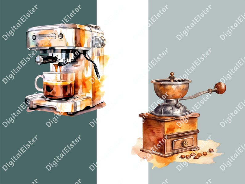 May include: A watercolour illustration of a silver espresso machine with a cup of coffee and a vintage wooden coffee grinder with a brown metal top and a crank handle.