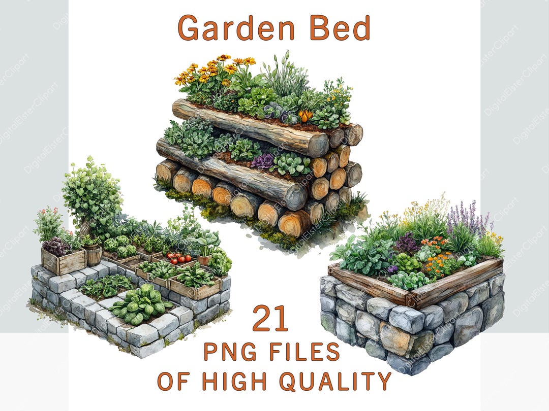 Raised Garden Bed Clipart Bundle, Watercolor Gardening Clipart ...