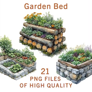 Clipart tuinbed | 21 verhoogde plantenbakillustraties | Lente- en tuinkunst | Digitale download aquarel voor boerderijdecor, sublimatie