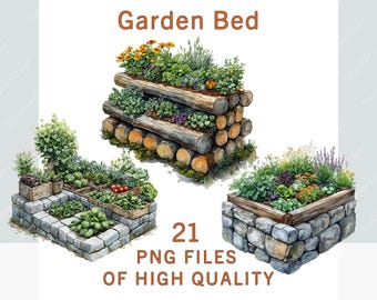 May include: Two different styles of garden beds. One is made of stacked logs with plants growing in the spaces between the logs. The other is made of stacked stones with a wooden frame around the top. Both beds are filled with a variety of plants and flowers. The text "Garden Bed" is at the top of the image. The text "21 PNG FILES OF HIGH QUALITY" is at the bottom of the image.