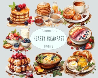 Aquarelle Petit déjeuner clipart, 15 PNG de haute qualité, Aquarelle nourriture clipart, autocollants toasts utilisation commerciale, menu café cottagecore imprimables