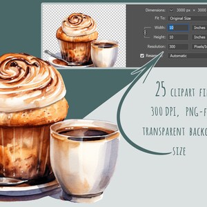 A collection of 25 coffee-themed clipart PNGs featuring barista elements, espresso machines, latte art, coffee beans, and iced coffee. High-quality digital download for sublimation and design projects.