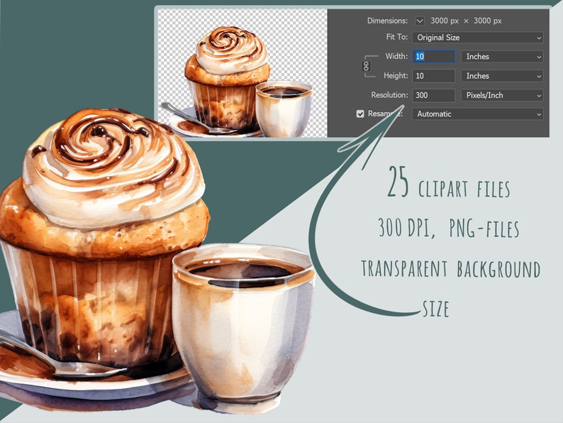A collection of 25 coffee-themed clipart PNGs featuring barista elements, espresso machines, latte art, coffee beans, and iced coffee. High-quality digital download for sublimation and design projects.