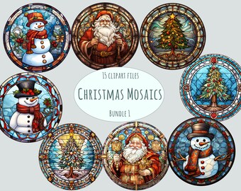 Watercolor stained glass clipart bundle, Watercolor christmas clipart, Commercial use festive digital stickers, Sublimation print winter png