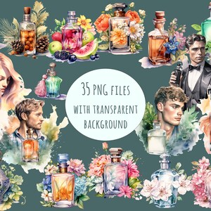 Luxury perfume clipart set featuring 35 high-resolution PNG files of elegant fragrance bottles, floral arrangements, citrus notes, and vintage-inspired designs. Transparent backgrounds make these illustrations perfect for sublimation, stickers, branding, and beauty-themed projects.