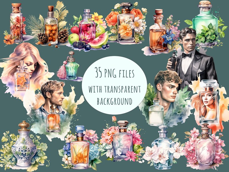 Luxury perfume clipart set featuring 35 high-resolution PNG files of elegant fragrance bottles, floral arrangements, citrus notes, and vintage-inspired designs. Transparent backgrounds make these illustrations perfect for sublimation, stickers, branding, and beauty-themed projects.