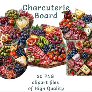 Deluxe Charcuterie Tafel Clipart - 15 Aquarell PNGs, Gourmet Essen digitale Kunst, druckbare Party Dekoration, Sofort Download für Menü und Caffee