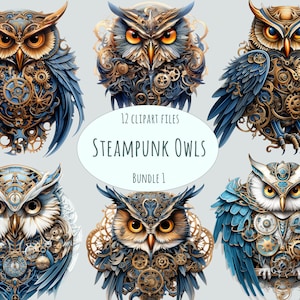 Steampunk Eulen Clipart Set - 15 Aquarell PNG Dateien für kommerzielle Nutzung, kreative digitale Kunstsammlung, mechanische Vogelaufkleber