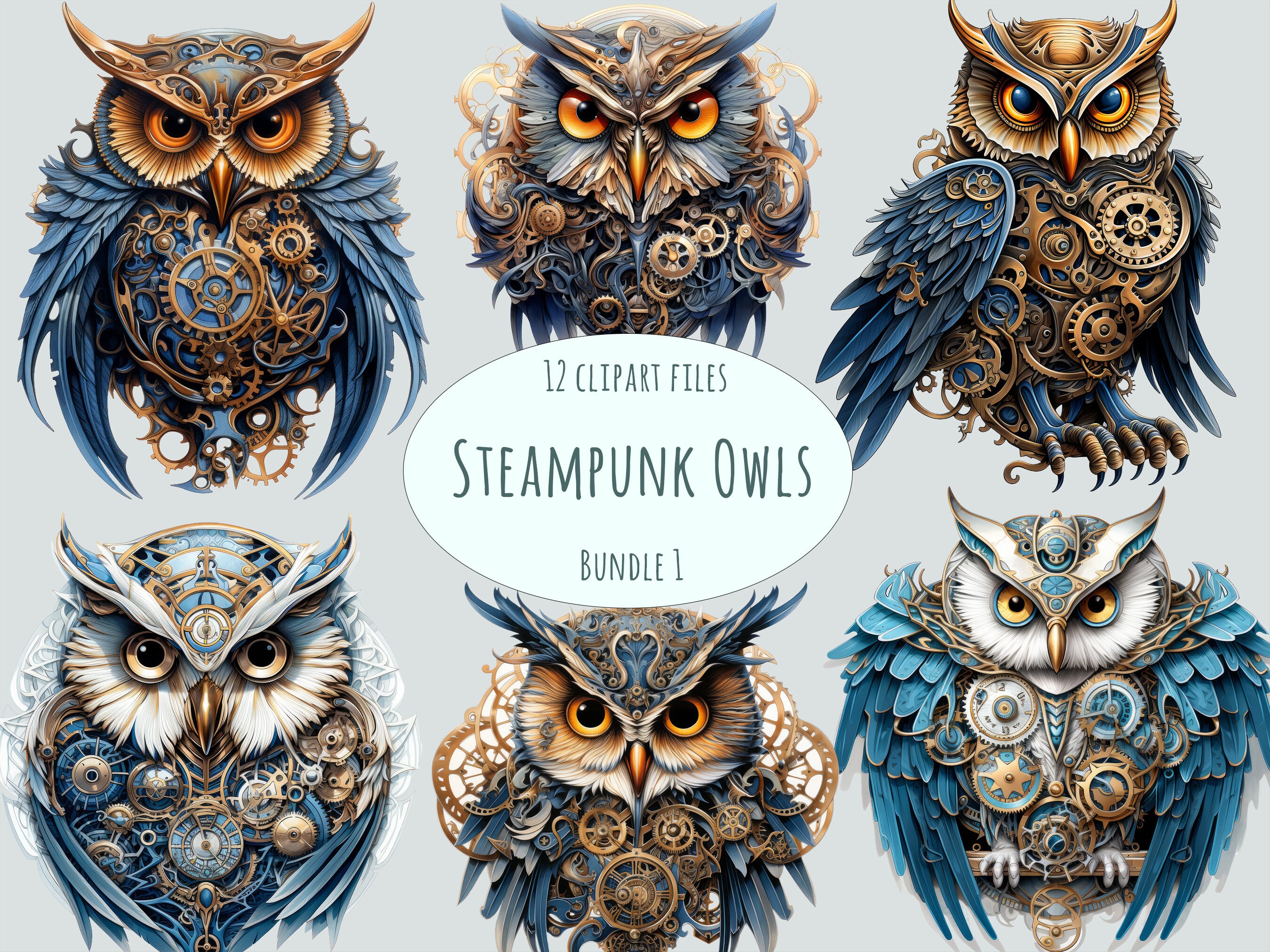 Steampunk clipart | 15 PNG | Watercolor owl clipart | Commercial use sublimation print mechanical bi