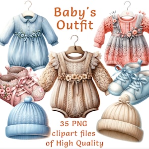 Clipartcollectie babykleding: 35 vintage digitale png's in aquarelstijl, outfit ideaal voor commerciële en creatieve projecten, directe toegang