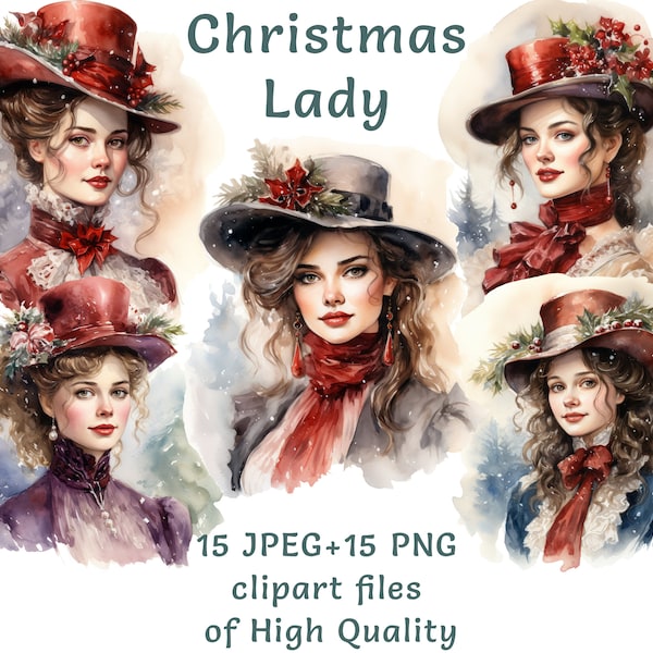Victorian Lady Elegance Clipart - 15 PNG & JPEG, Cylinder Hat Vintage Style, Commercial Use Digital Art, Steampunk Digital Decor