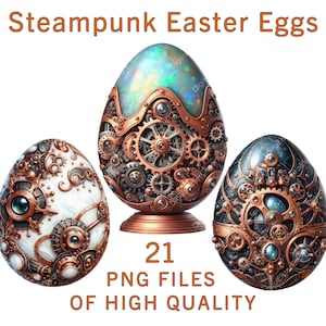 Huevos de Pascua Steampunk Clipart / 21 PNG / Metal vintage / Diseño de huevo con engranajes, Fantasía gótica, Sublimación, Scrapbooking digital, Pegatinas de Pascua