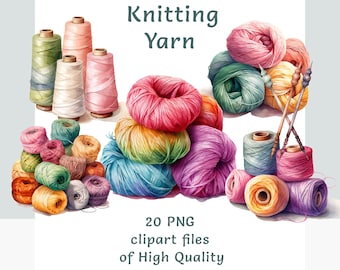 Knitting Balls and Supplies Clipart, 20 Watercolor Yarn and Bobbins PNG & JPEG, Colorful Knit Art, Transparent Background for Commercial Use