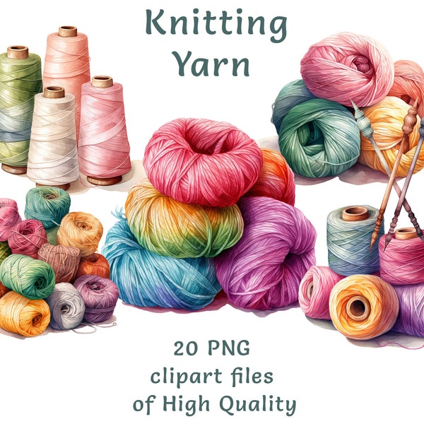 Knitting Balls and Supplies Clipart, 20 Watercolor Yarn and Bobbins PNG & JPEG, Colorful Knit Art, Transparent Background for Commercial Use