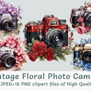 Aquarel camera clipart, 15 hoge kwaliteit PNG en JPEG, reizen bloemen vintage retro fotografie, sublimatie sjabloon, commercieel gebruik