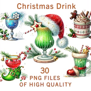 Clipart de cóctel / 30 PNG / Clipart navideño de acuarela / Paquete digital de bebidas para uso comercial / Ilustraciones navideñas con impresión por sublimación