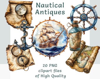 May include: A set of 20 nautical themed clipart images in PNG format. The images include a ship, an anchor, a compass, a magnifying glass, a bottle with a map inside, a ship's wheel, and a rolled up map.