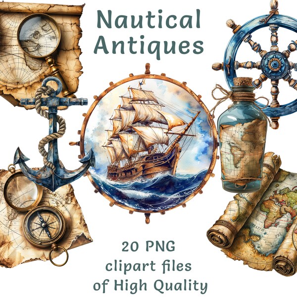 Nautical Clipart Collection, 20 Watercolor Ship, Map and Compas PNG, Vintage Maritime Digital Art for Commercial Use, Printable Naval Decor