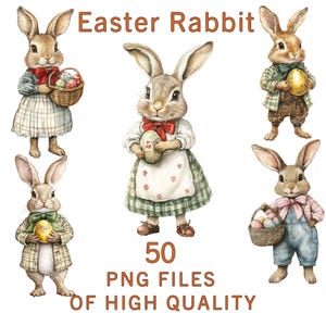 Clipart de conejito de Pascua / 50 PNG Descarga digital / Conejos vintage con huevos y cestas / Sublimación de primavera, pegatinas, invitaciones, manualidades