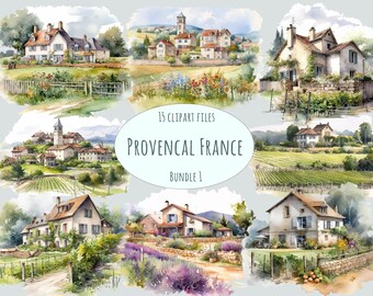 Provence France Watercolor Clipart Bundle, French Countryside Landscape PNG, Rustic Village Art, Travel Decor, Commercial Use
