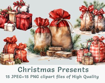 Christmas present clipart bundle, watercolor christmas clipart, commercial use red bag sublimation print sticker pack, transparent png