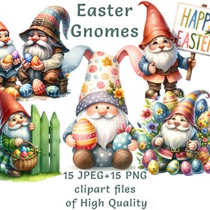 Clipart gnomes | 15 PNG + JPEG | Stickers aquarelle printanier | Clipart de Pâques à usage commercial | Lot numérique pour chambre d'enfant, impression par sublimation