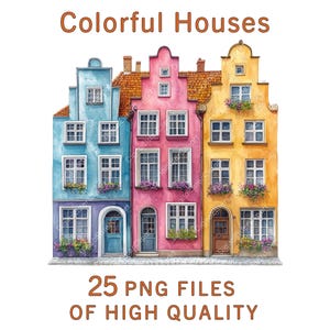 Clipart di case / 25 file PNG / Facciata ad acquerello / Uso commerciale / Architettura urbana / Stampa a sublimazione / Rivestimento per bicchieri / Design urbano