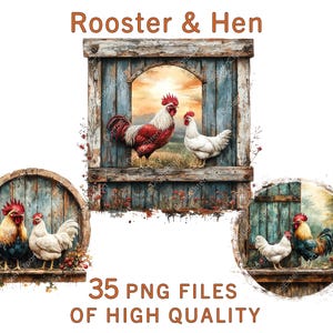 Colección de imágenes prediseñadas de pollos, 35 archivos PNG de gallos de alta resolución, arte de acuarela, perfecto para uso comercial, animales de granja rústica