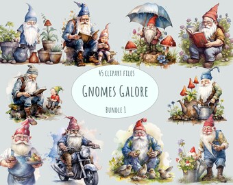 May include: A set of 45 watercolor clipart images featuring gnomes in various poses and settings. The gnomes are depicted in a whimsical style with colorful clothing and accessories. The set includes gnomes reading books, riding motorcycles, gardening, and more. The text "Gnomes Galore Bundle 1" is included in the image.