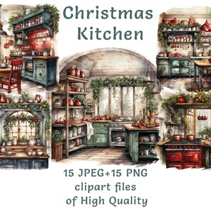 Clipart kuchenny | Clipart jadalni | 15 PNG i JPEG | Clipart świąteczny akwarelowy | Użytek komercyjny Wydruk sublimacyjny | Opakowanie na kubek