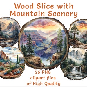 Cenário de montanha em clipart de fatia de madeira, 25 aquarela rústica PNG, uso comercial, gráficos digitais inspirados na natureza pintados à mão para artesanato
