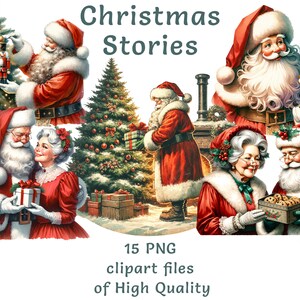 Op de afbeelding: Een digitale illustratie met kerstscènes met de kerstman en mevrouw Claus. De kerstman versiert een boom, houdt een notenkraker vast en wisselt cadeaus uit. Mevrouw Claus is ook aanwezig, met een doos koekjes. De tekst "Christmas Stories" staat bovenaan.