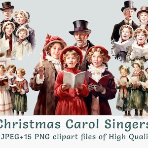 Weihnachten Carol Singers Clipart, 15 hochwertige PNG und JPEG, Aquarell Weihnachts Clipart Vintage Carol Chore Carolers Aufkleber