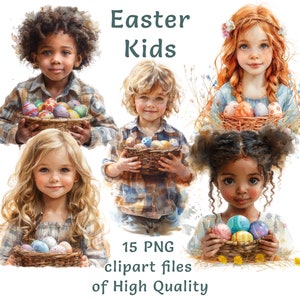 Ostern Kinder Porträt Clipart, Aquarell PNG, 20 festliche Osterei Designs für kommerzielle Nutzung, Sofort Download, Frühlingsferien Digitale Kunst
