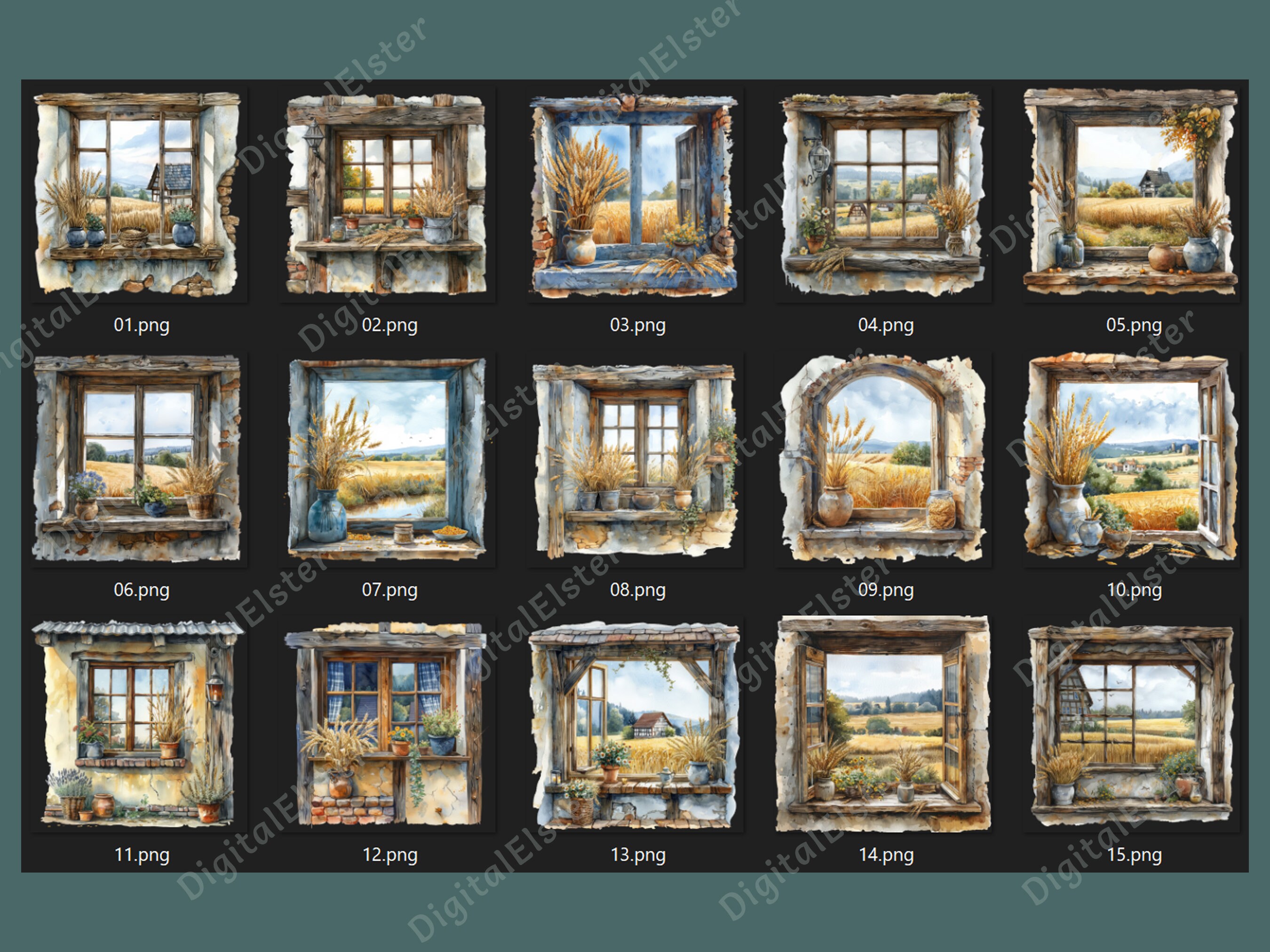 Rustic Window Vector Image Rustic Window With Wheat Clipart - 15 Watercolor PNG Files for ...
